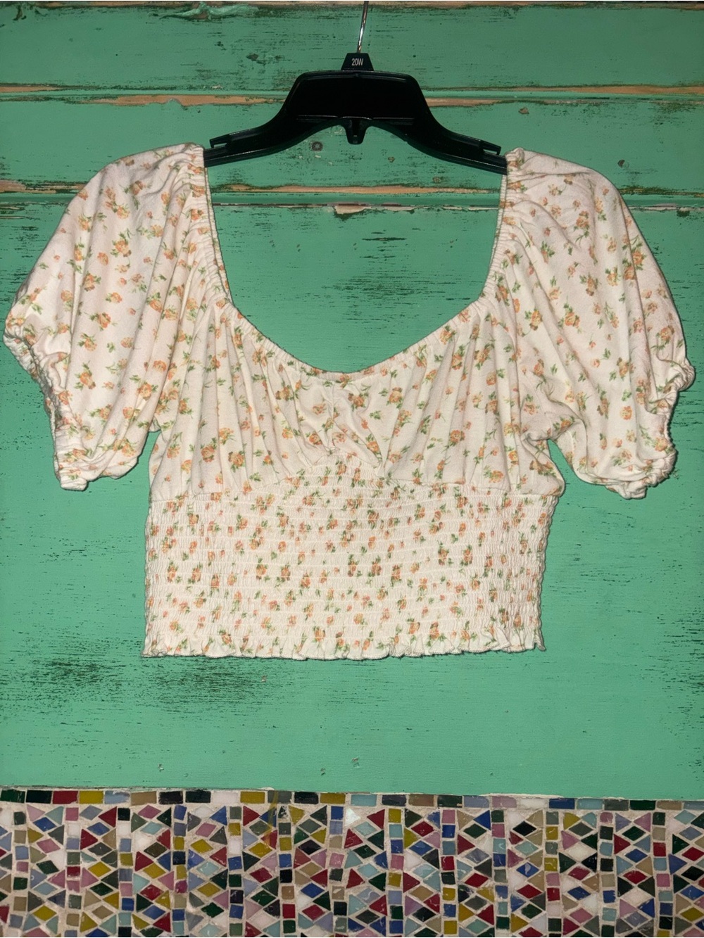 Billabong Cream Smocked Crop Top with Peach Floral Print